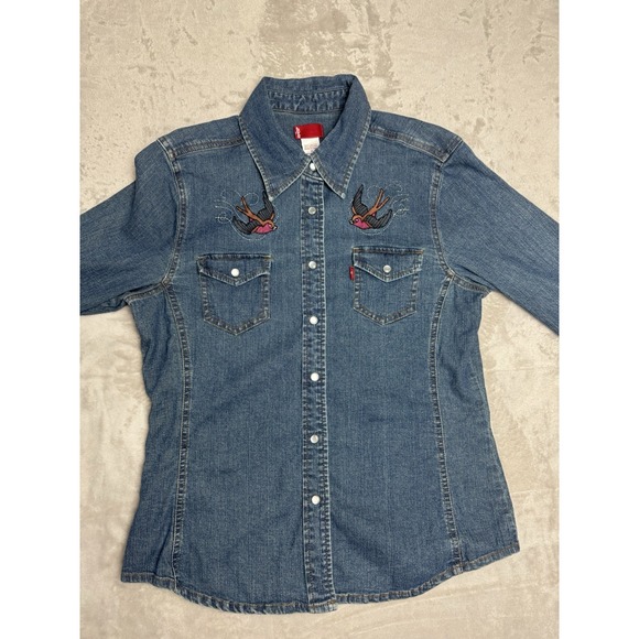 Levi's Western Denim Shirt Embroidered Swallow Birds El Dorado M - Picture 1 of 9